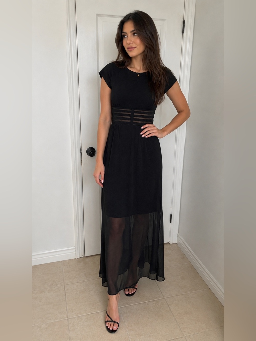 Enfocus Studio Black Cap-Sleeve Maxi with Sheer Waistband and Hem Panel